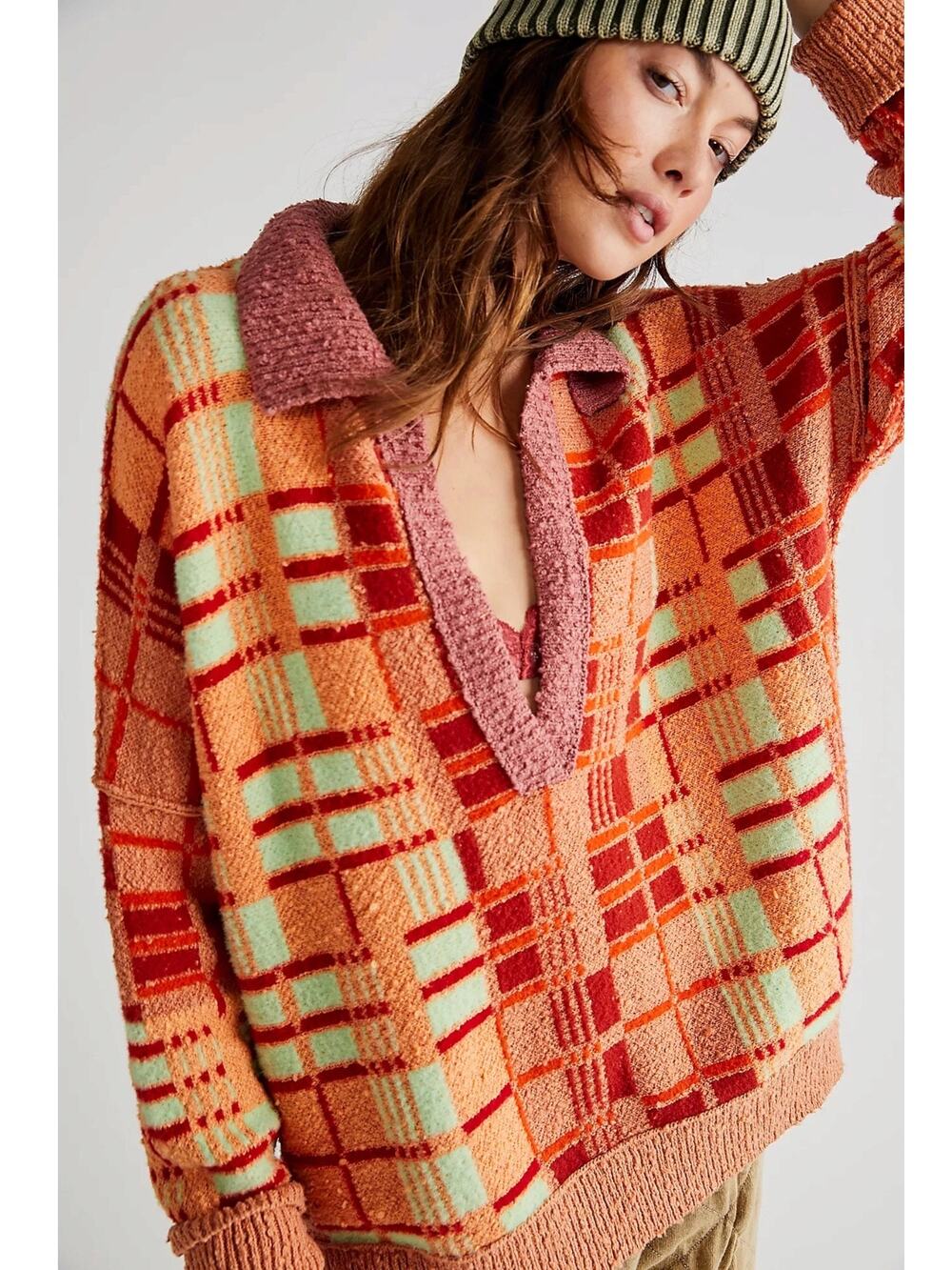 Free People Retro 70s Oversized Plaid Ruben Pullover Tunic Sweater Size Medium
